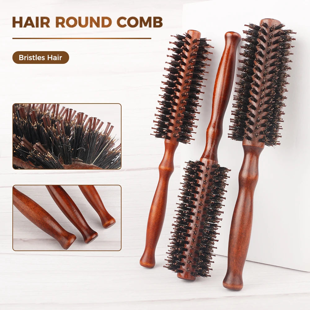 Escova de cabelo redonda com cabo de madeira,pente de cabelo reto com cerdas de javali, escova modeladora de cachos