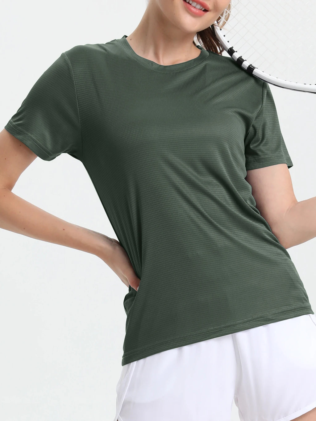 Camiseta esportiva feminina de cor sólida, ultraleve, de secagem rápida, respirável e leve, ideal para corrida e academia.