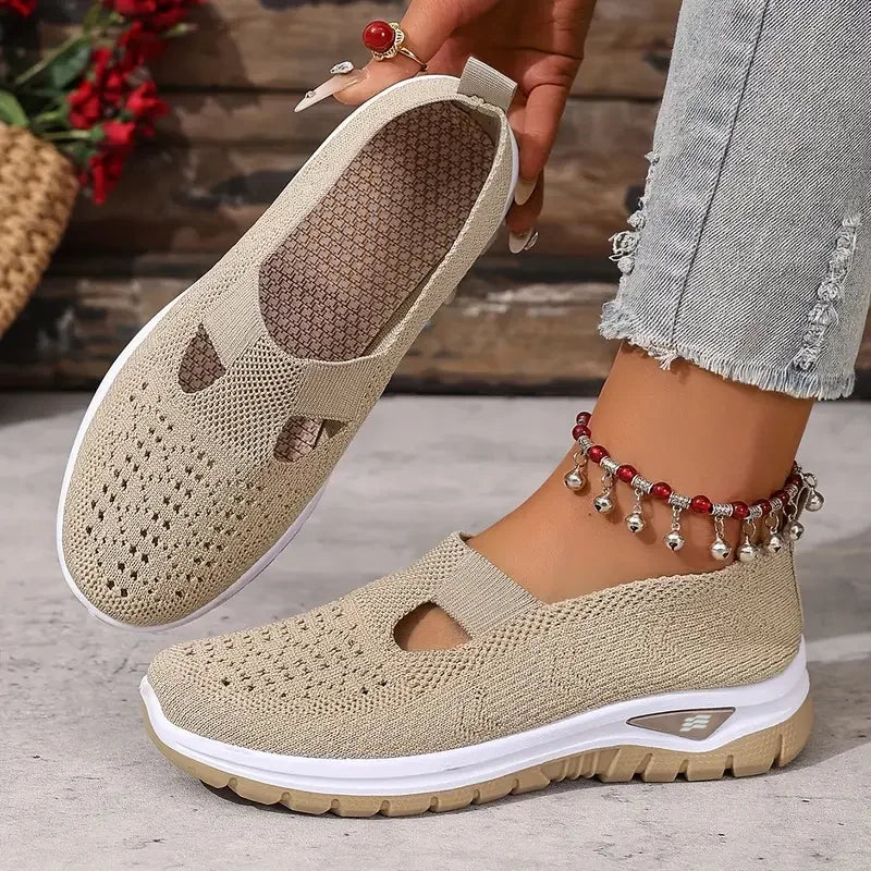 Sapatos femininos, tênis esportivos casuais, tênis esportivos leves, respiráveis e de cor sólida com sola macia para caminhada, tênis casuais de cano baixo em malha.