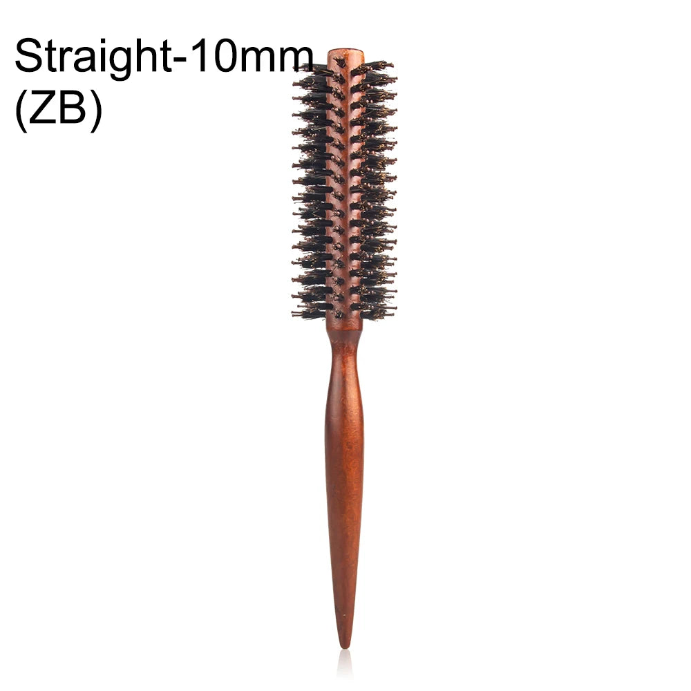 Escova de cabelo redonda com cabo de madeira,pente de cabelo reto com cerdas de javali, escova modeladora de cachos