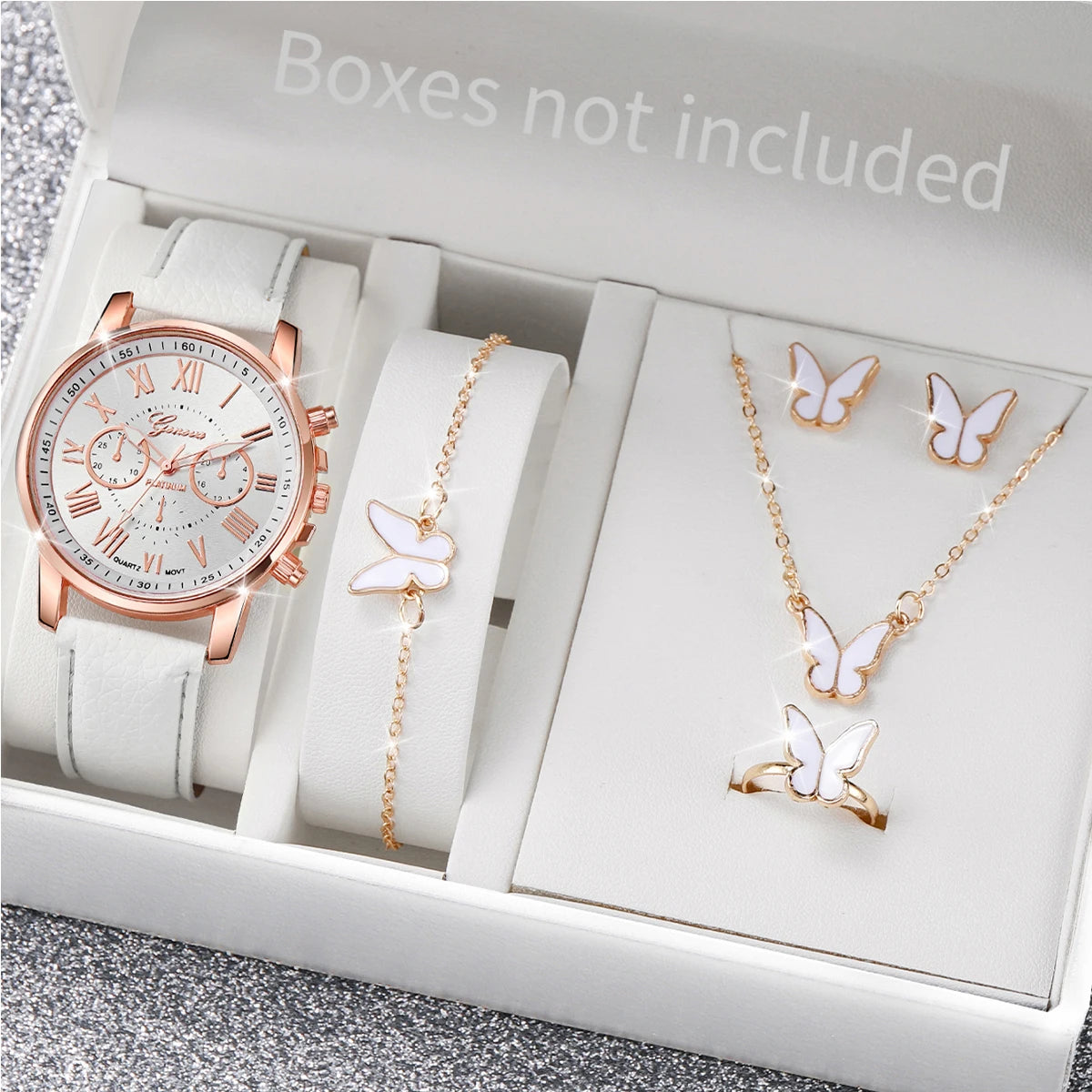 Conjunto de 5/6 Relógios de Pulso Analógicos Femininos de Quartzo com Pulseira de Couro e Detalhe de Coração com Strass (Sem Caixa)