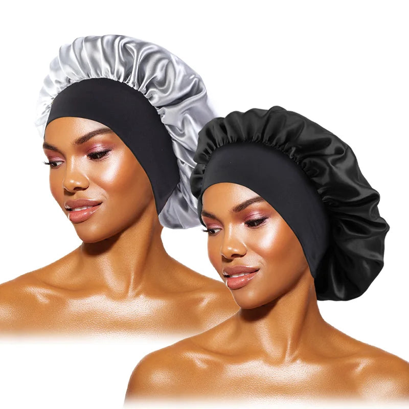 Touca feminina de cetim lisa com aba larga, ideal para dormir, tomar banho ou como touca noturna.