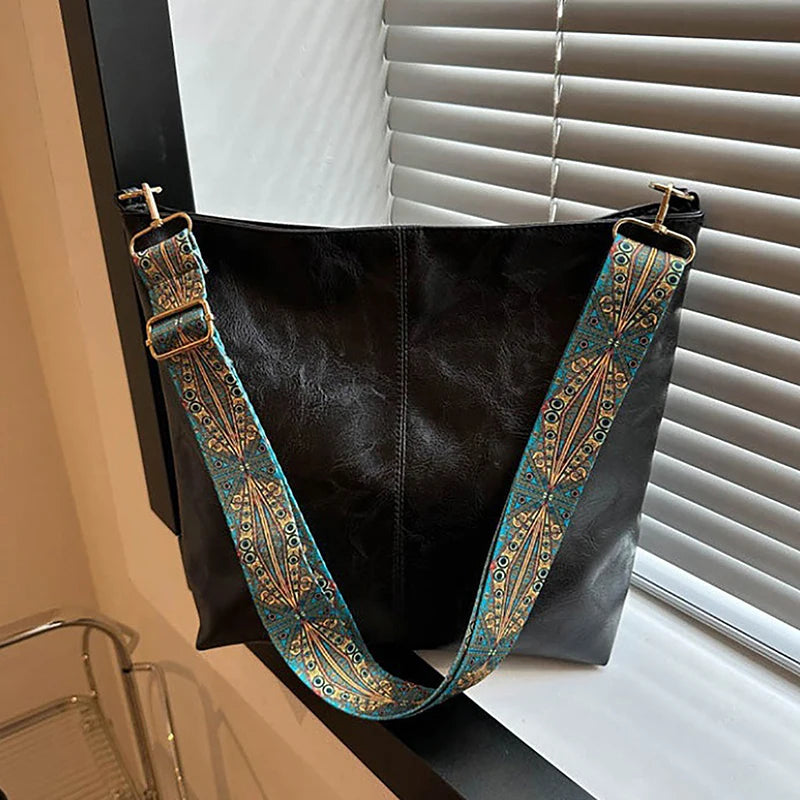 Bolsa transversal feminina com alça geométrica larga, grande capacidade, estilo retrô, em couro PU