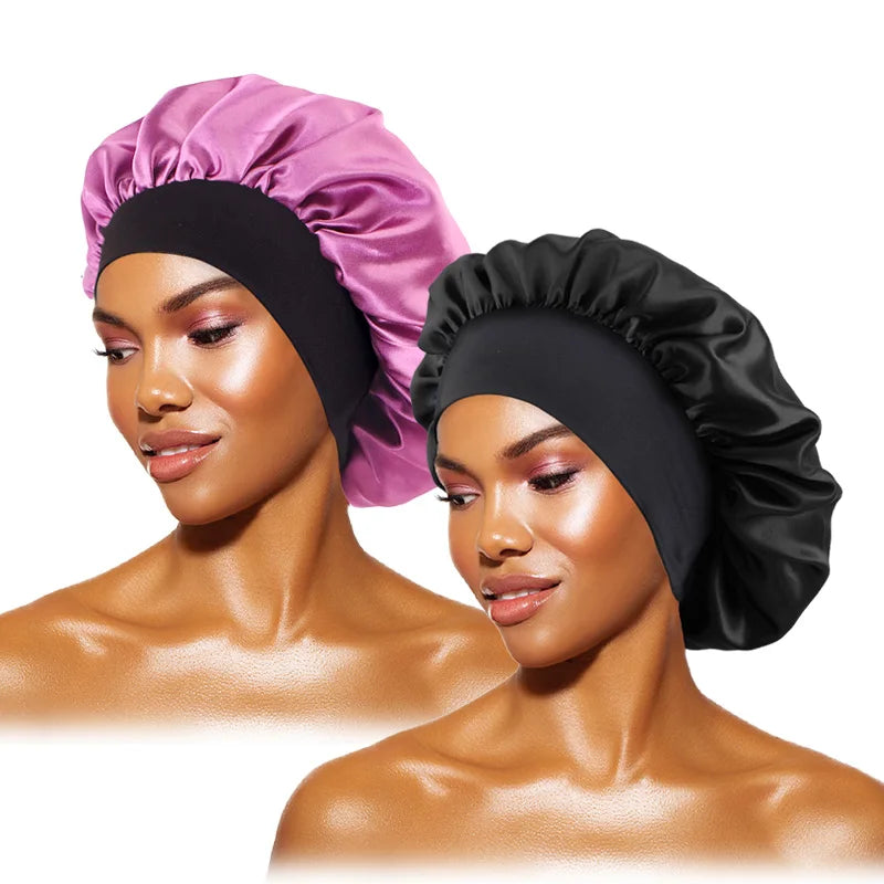Touca feminina de cetim lisa com aba larga, ideal para dormir, tomar banho ou como touca noturna.