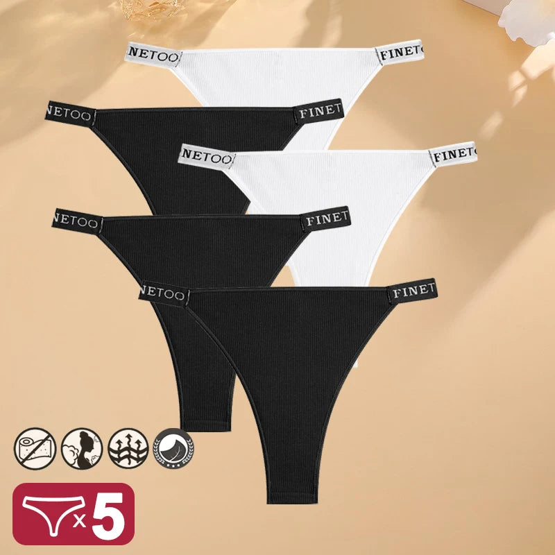 Conjunto de 5 peças de lingerie sexy feminina em algodão, com estampa de letras, cintura baixa, modelo Finetoo, confortável e íntima.