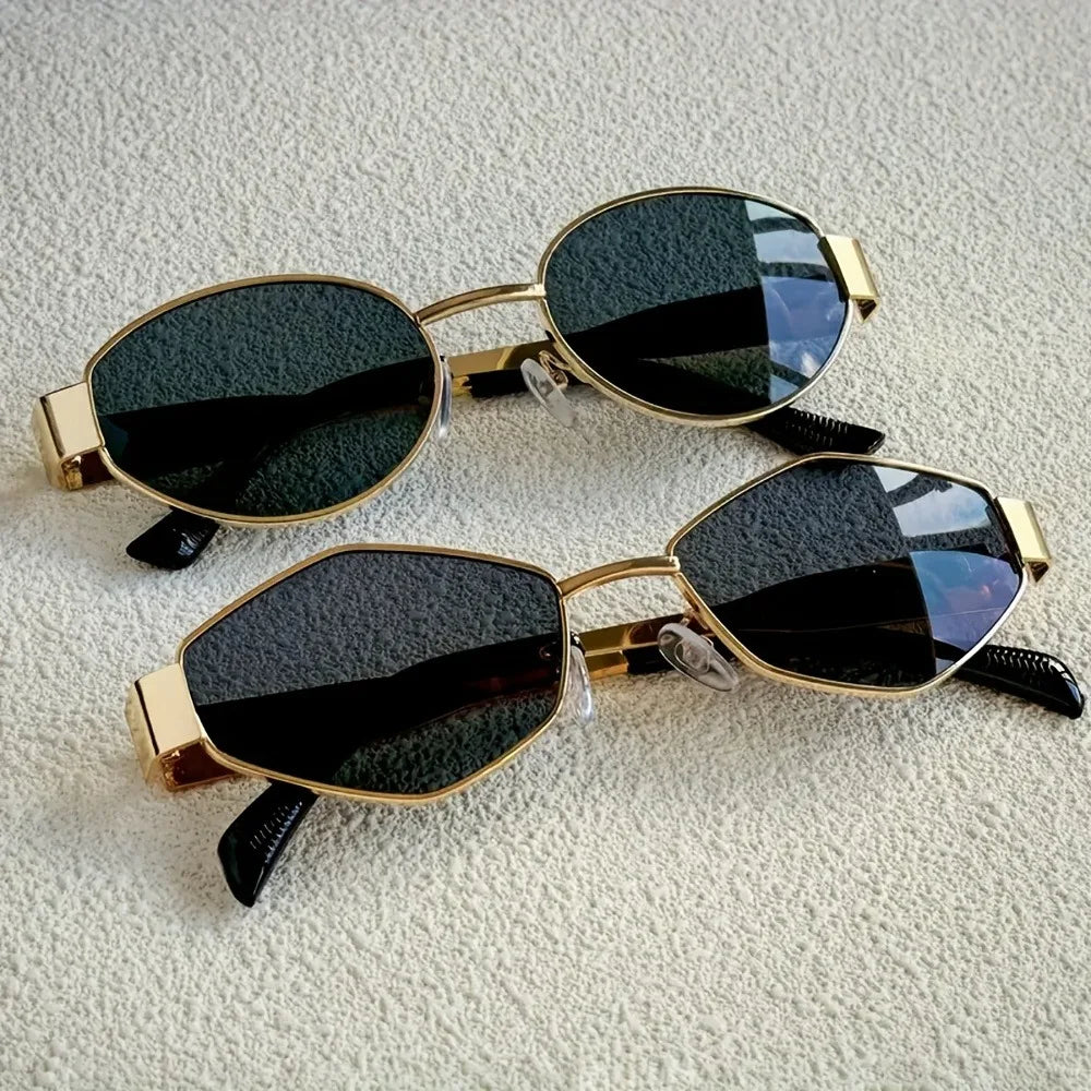 Conjunto de 2 óculos de sol modernos com armação oval em formato de losango, ideais para o dia a dia e para fotografia.