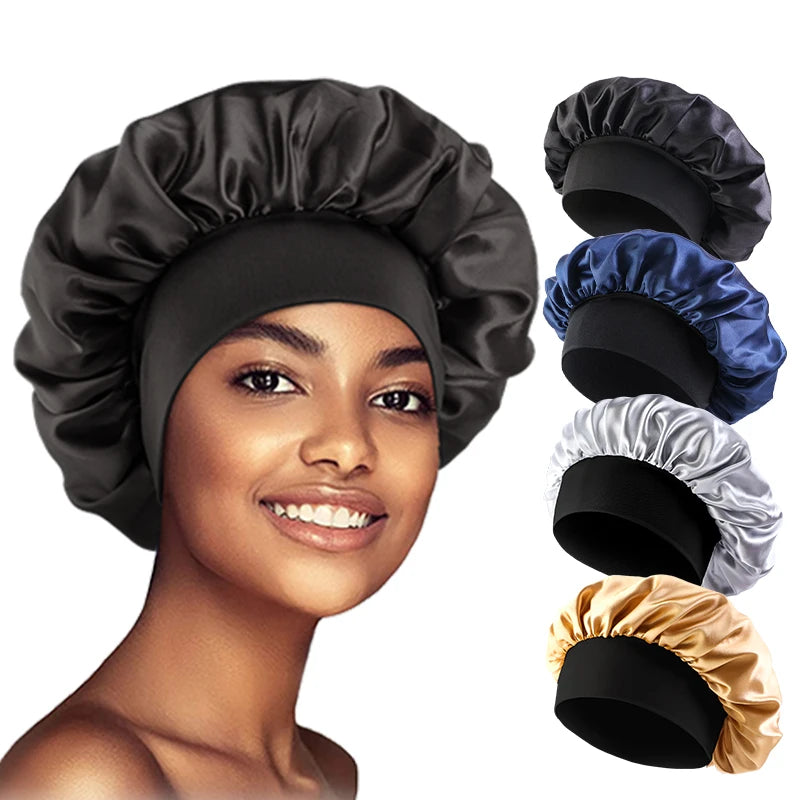 Touca feminina de cetim lisa com aba larga, ideal para dormir, tomar banho ou como touca noturna.
