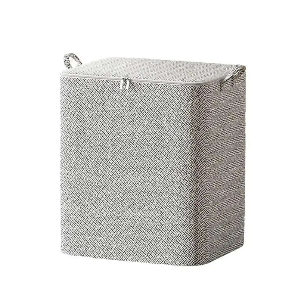 Saco de armazenamento para edredons em tecido com tampa e zíper, dobrável, para roupas e cobertores.