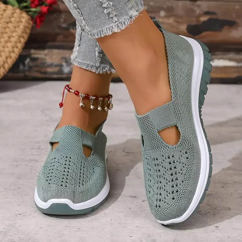 Sapatos femininos, tênis esportivos casuais, tênis esportivos leves, respiráveis e de cor sólida com sola macia para caminhada, tênis casuais de cano baixo em malha.