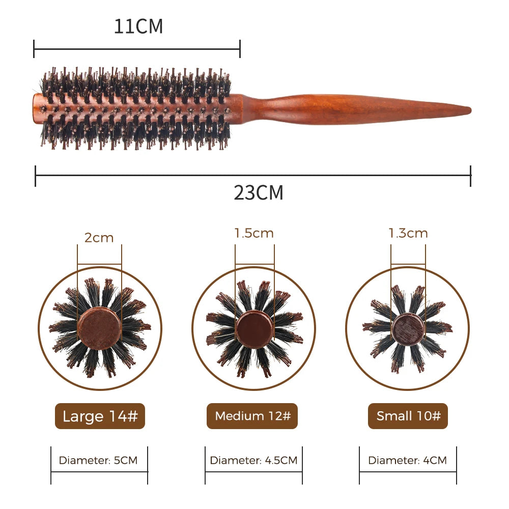 Escova de cabelo redonda com cabo de madeira,pente de cabelo reto com cerdas de javali, escova modeladora de cachos