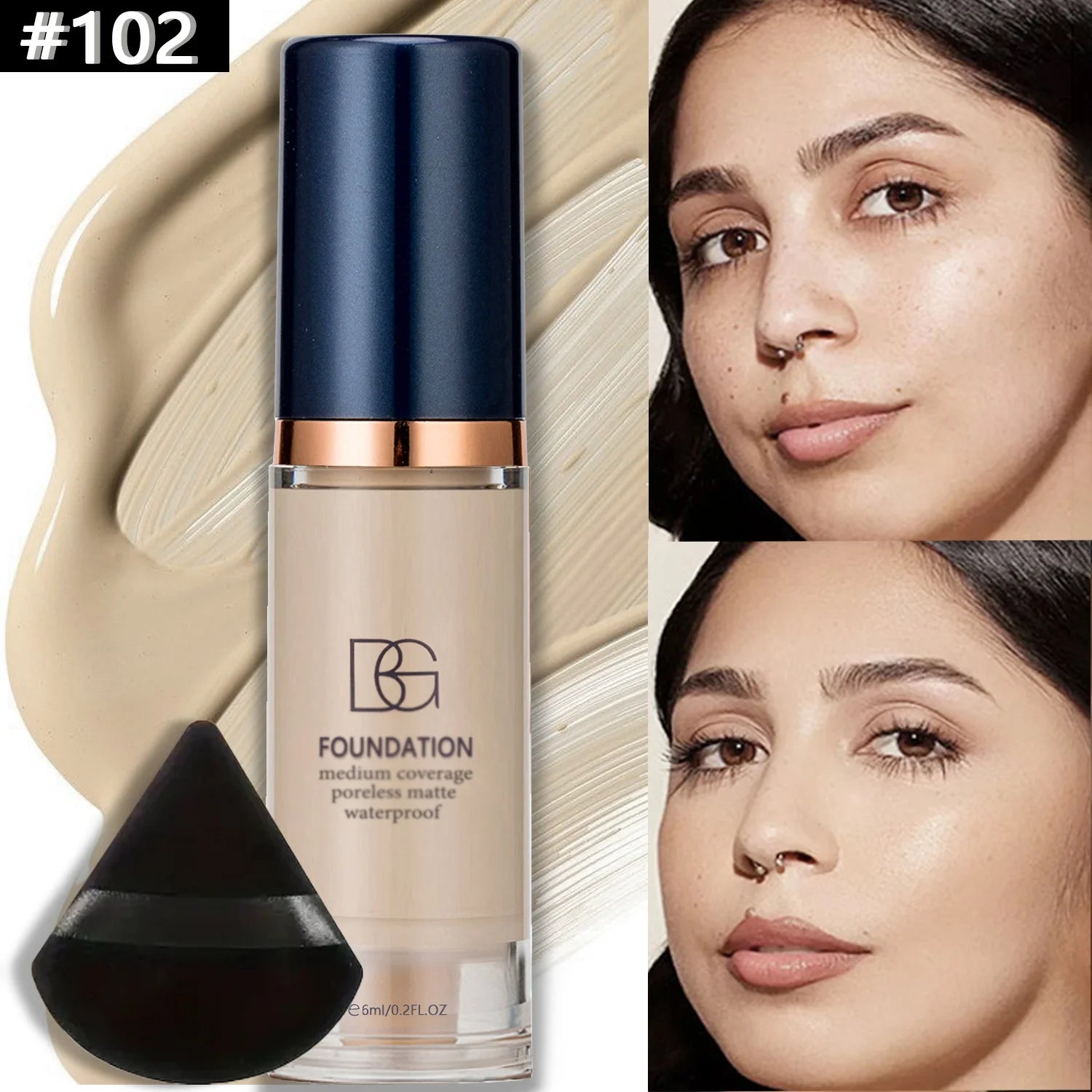 Kit com 2 bases líquidas à prova d'água de alta cobertura e esponja de pó triangular preta - Acabamento matte de longa duração para cobertura de olheiras e imperfeições.