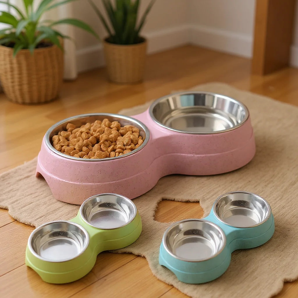 Conjunto de 1 Tigela Dupla em Aço Inoxidável para Cães e Gatos - Base Antiderrapante - Ideal para Água e Comida - Fácil de Limpar