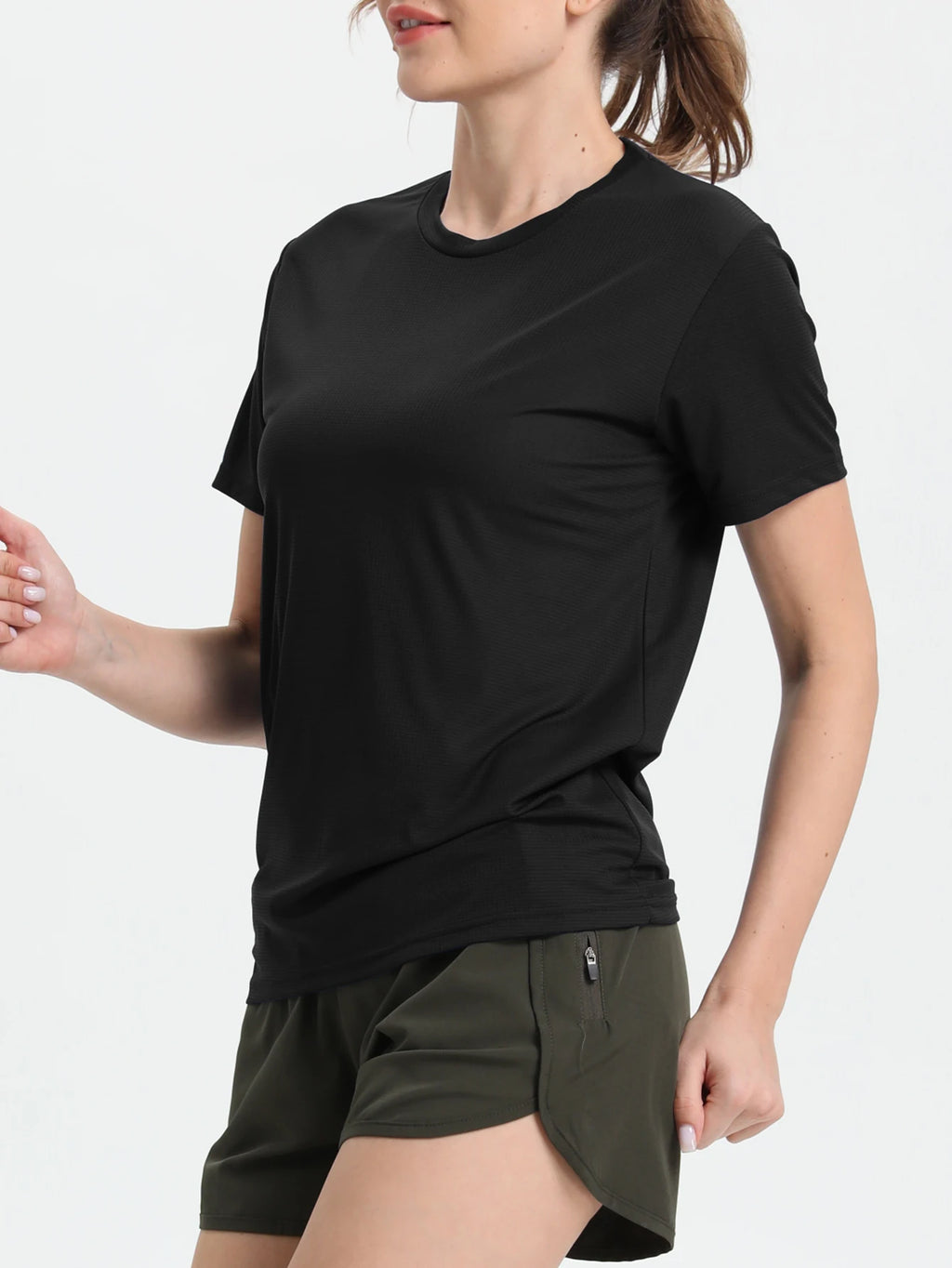 Camiseta esportiva feminina de cor sólida, ultraleve, de secagem rápida, respirável e leve, ideal para corrida e academia.