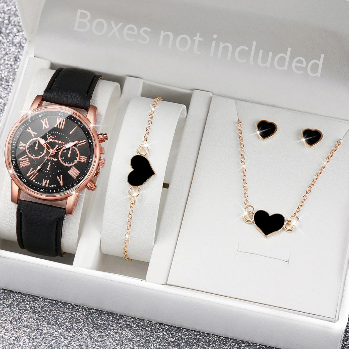 Conjunto de 5/6 Relógios de Pulso Analógicos Femininos de Quartzo com Pulseira de Couro e Detalhe de Coração com Strass (Sem Caixa)