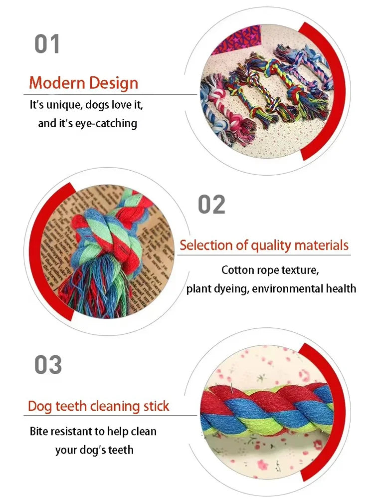 Colorful cotton double-knot dog toy, durable rope for chewing and teeth cleaning.