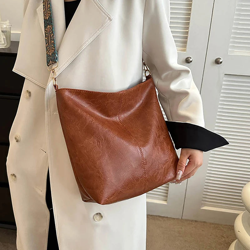 Bolsa transversal feminina com alça geométrica larga, grande capacidade, estilo retrô, em couro PU