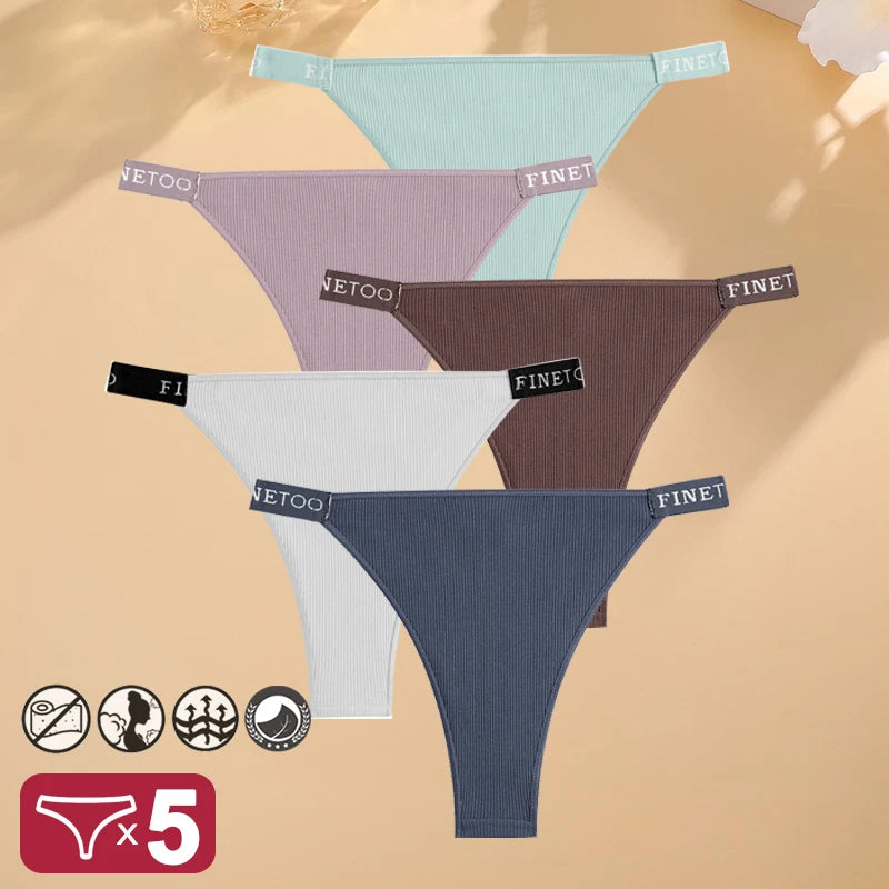 Conjunto de 5 peças de lingerie sexy feminina em algodão, com estampa de letras, cintura baixa, modelo Finetoo, confortável e íntima.