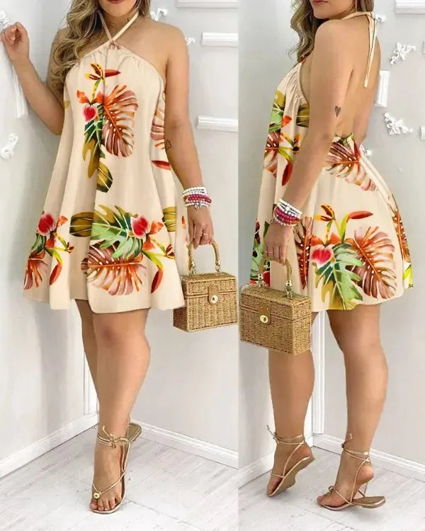 Vestido Boho com Estampa Floral e Decote Halter, Costas Nuas e Alças no Pescoço, Ideal para Primavera/Verão