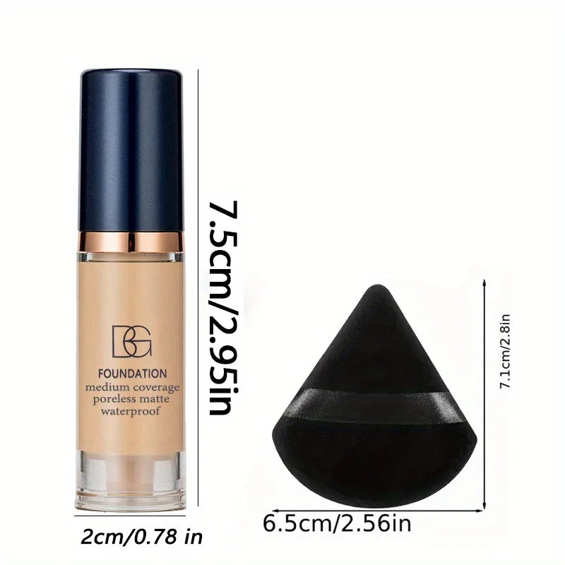 Kit com 2 bases líquidas à prova d'água de alta cobertura e esponja de pó triangular preta - Acabamento matte de longa duração para cobertura de olheiras e imperfeições.