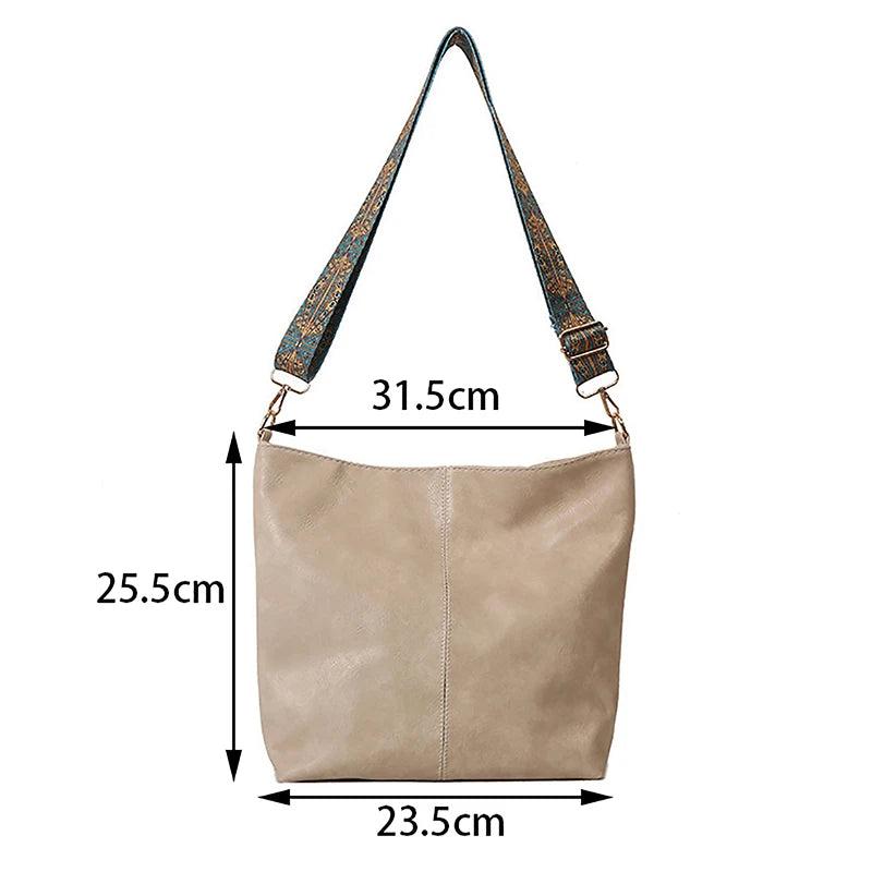 Bolsa transversal feminina com alça geométrica larga, grande capacidade, estilo retrô, em couro PU