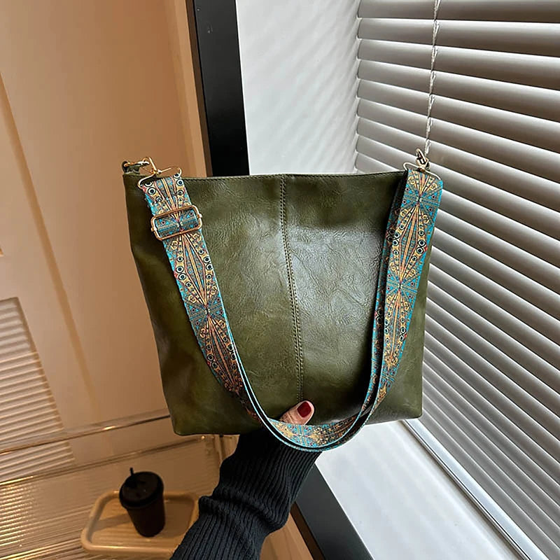 Bolsa transversal feminina com alça geométrica larga, grande capacidade, estilo retrô, em couro PU