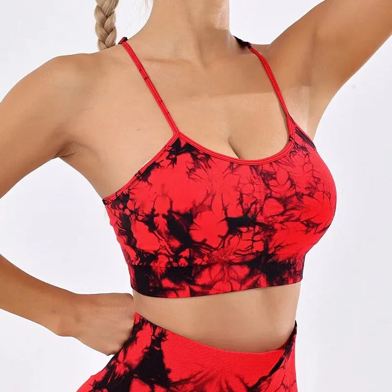 Colete feminino  com estampa tie-dye e alças sem costura, ideal para ioga, academia, esportes e corrida.