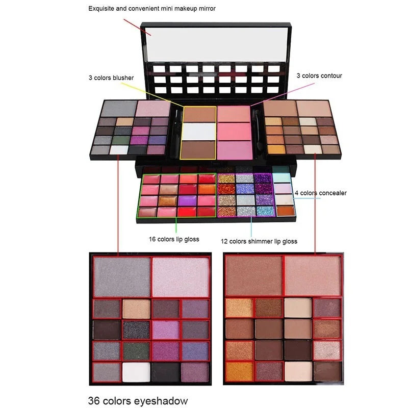 Paleta de Sombras Glitter com 40/74/78 Cores, Acabamento Matte, À Prova D'Água e Longa Duração