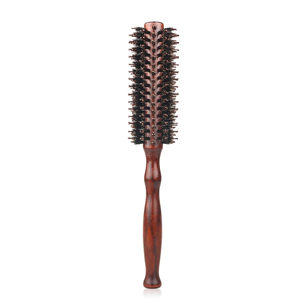 Escova de cabelo redonda com cabo de madeira,pente de cabelo reto com cerdas de javali, escova modeladora de cachos