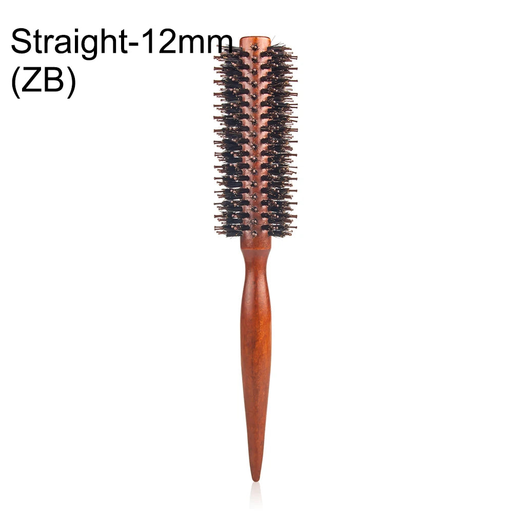Escova de cabelo redonda com cabo de madeira,pente de cabelo reto com cerdas de javali, escova modeladora de cachos