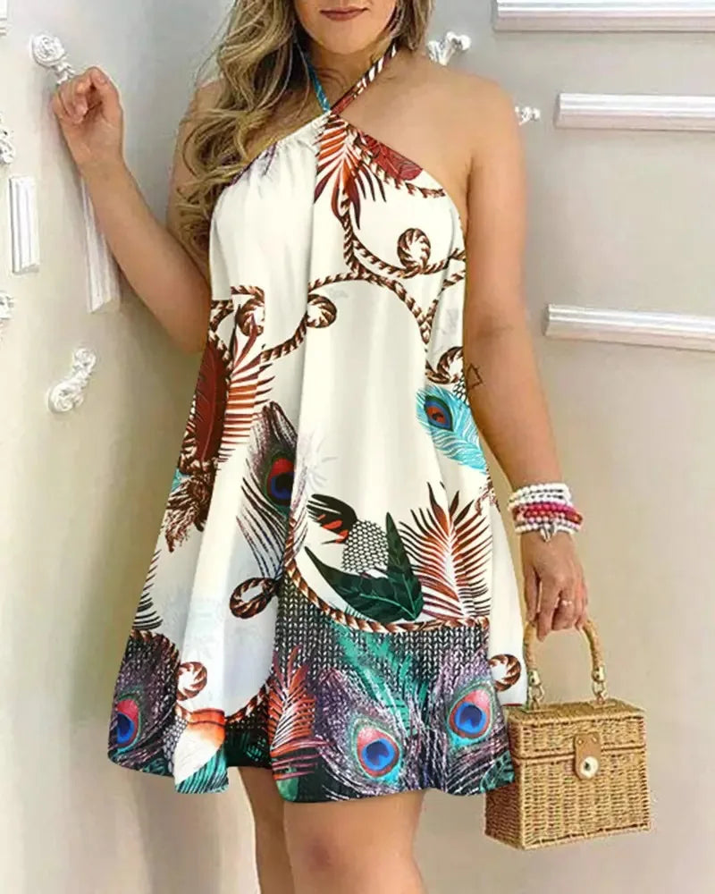 Vestido Boho com Estampa Floral e Decote Halter, Costas Nuas e Alças no Pescoço, Ideal para Primavera/Verão