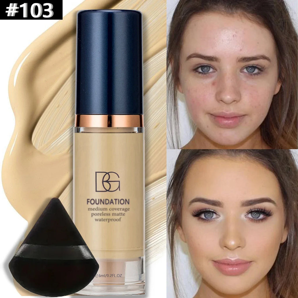 Kit com 2 bases líquidas à prova d'água de alta cobertura e esponja de pó triangular preta - Acabamento matte de longa duração para cobertura de olheiras e imperfeições.