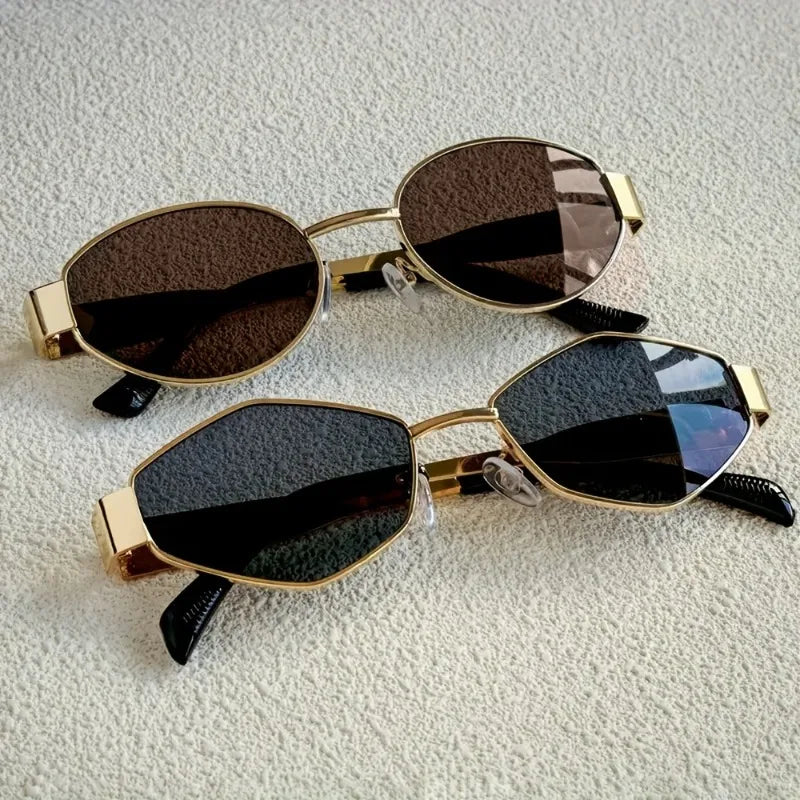 Conjunto de 2 óculos de sol modernos com armação oval em formato de losango, ideais para o dia a dia e para fotografia.
