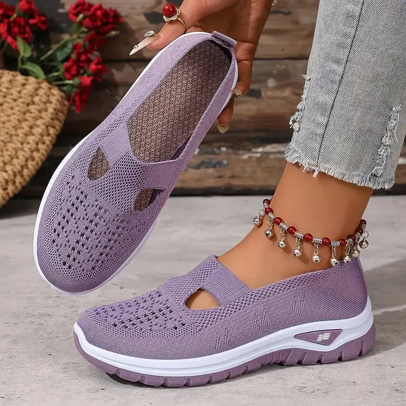 Sapatos femininos, tênis esportivos casuais, tênis esportivos leves, respiráveis e de cor sólida com sola macia para caminhada, tênis casuais de cano baixo em malha.