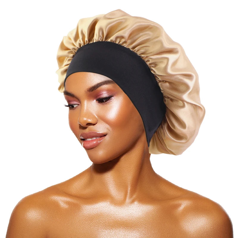 Touca feminina de cetim lisa com aba larga, ideal para dormir, tomar banho ou como touca noturna.