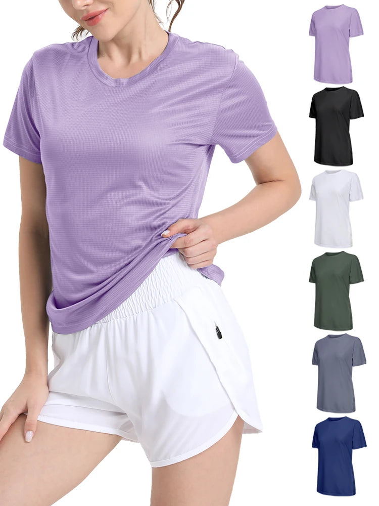Camiseta esportiva feminina de cor sólida, ultraleve, de secagem rápida, respirável e leve, ideal para corrida e academia.