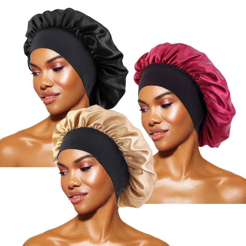 Touca feminina de cetim lisa com aba larga, ideal para dormir, tomar banho ou como touca noturna.