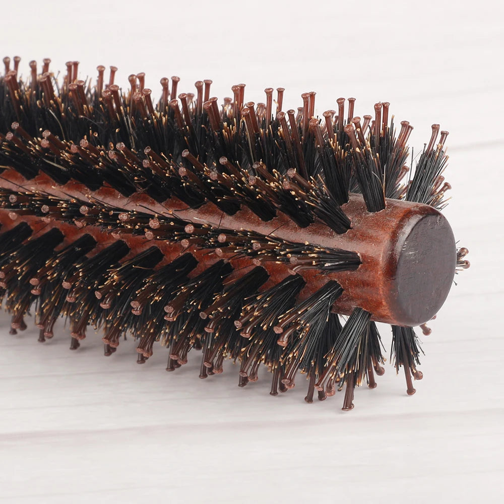 Escova de cabelo redonda com cabo de madeira,pente de cabelo reto com cerdas de javali, escova modeladora de cachos