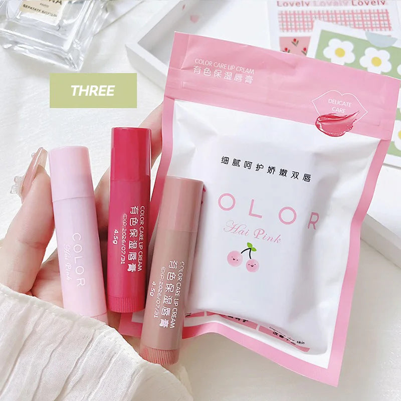 Conjunto de 3 bálsamos labiais hidratantes com cor HAIPINK - Hidratam, atenuam linhas nos lábios e previnem rachaduras.