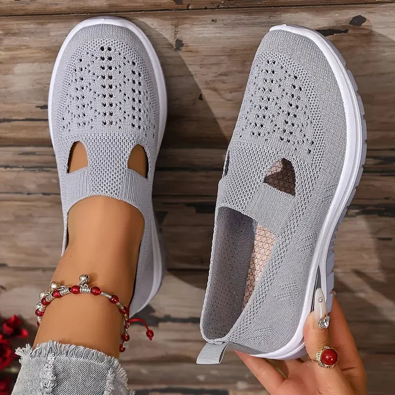 Sapatos femininos, tênis esportivos casuais, tênis esportivos leves, respiráveis e de cor sólida com sola macia para caminhada, tênis casuais de cano baixo em malha.