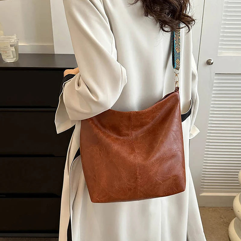 Bolsa transversal feminina com alça geométrica larga, grande capacidade, estilo retrô, em couro PU