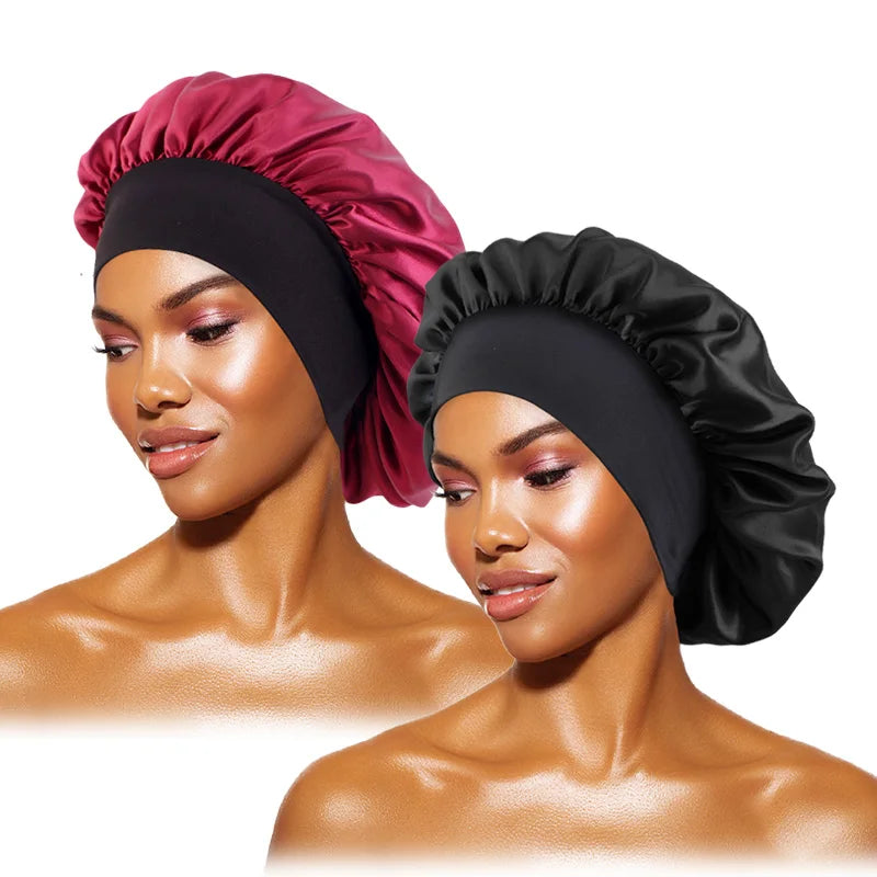 Touca feminina de cetim lisa com aba larga, ideal para dormir, tomar banho ou como touca noturna.