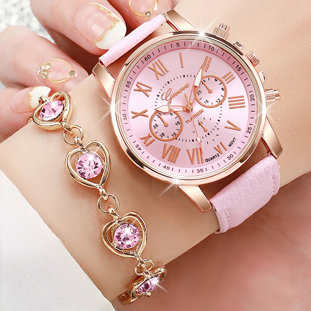 Conjunto de 5/6 Relógios de Pulso Analógicos Femininos de Quartzo com Pulseira de Couro e Detalhe de Coração com Strass (Sem Caixa)