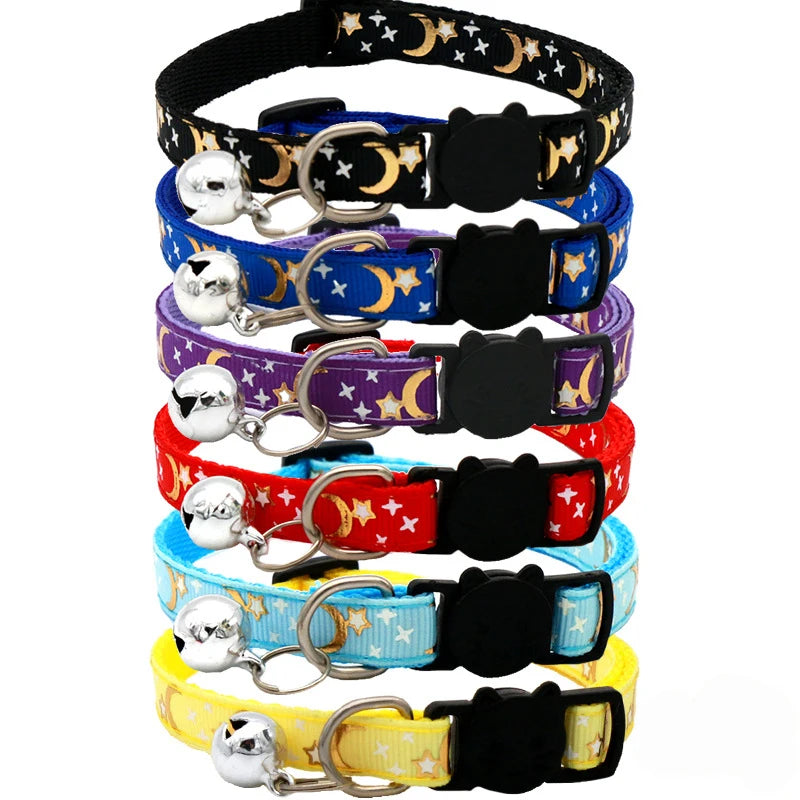 Coleira para Gato com Sino, Desenho Animado de Estrela e Lua, para Cães, Filhotes e Gatos, Ajustável, com Sino de Segurança