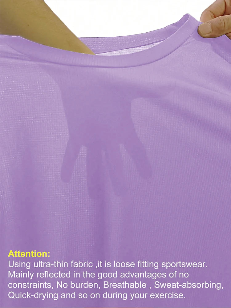 Camiseta esportiva feminina de cor sólida, ultraleve, de secagem rápida, respirável e leve, ideal para corrida e academia.