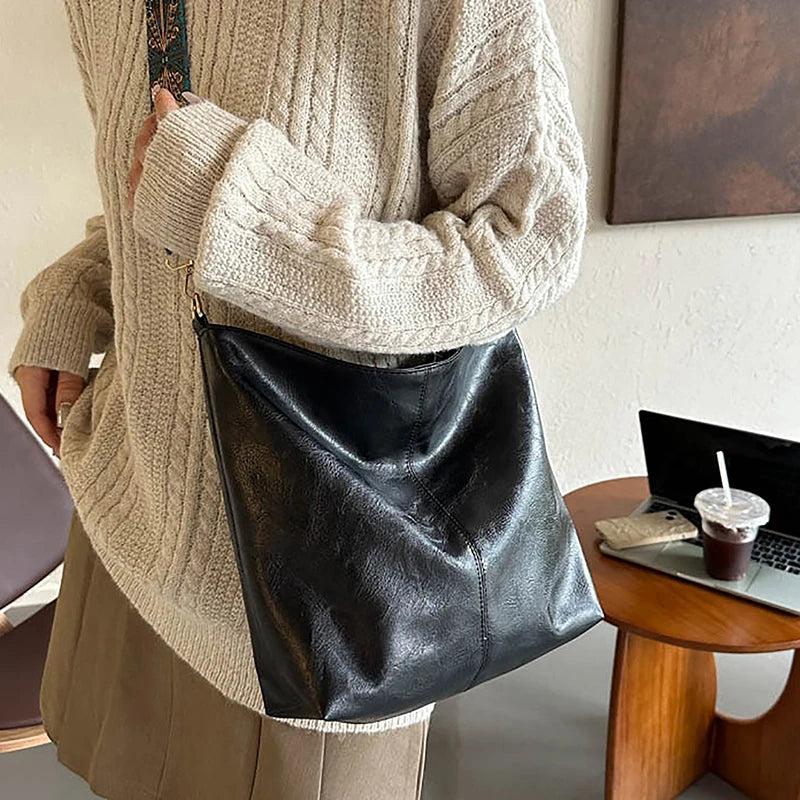 Bolsa transversal feminina com alça geométrica larga, grande capacidade, estilo retrô, em couro PU