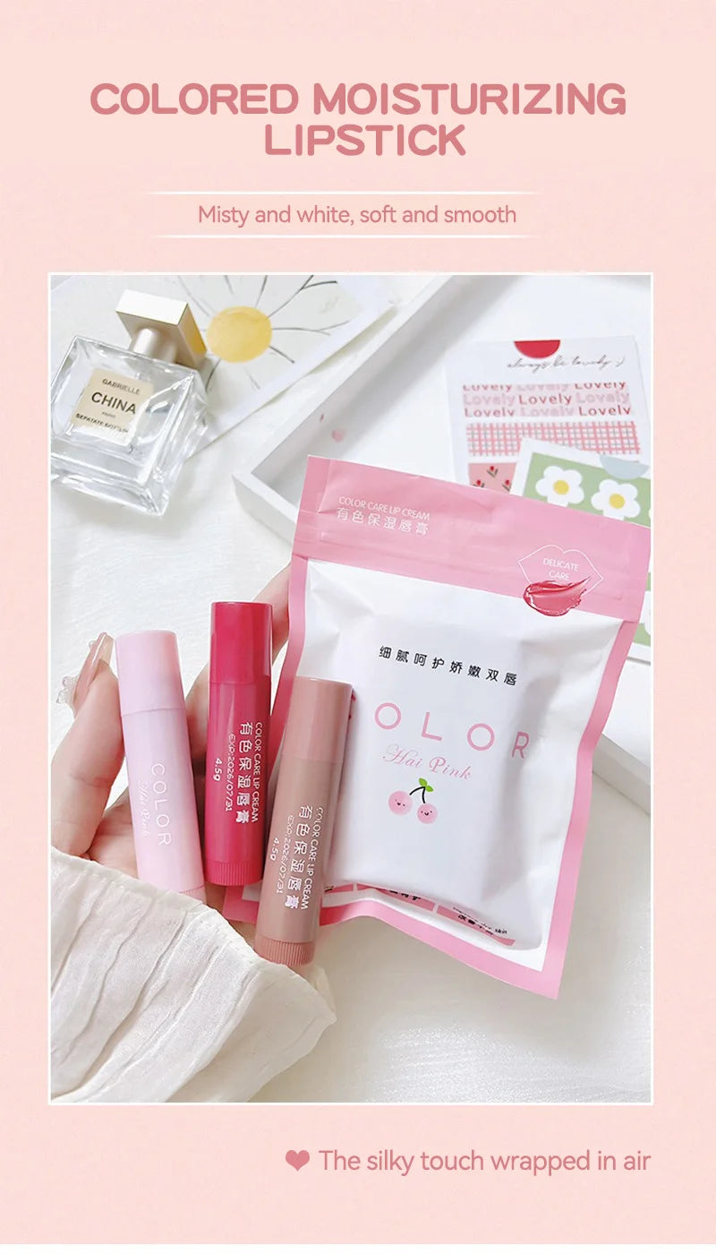 Conjunto de 3 bálsamos labiais hidratantes com cor HAIPINK - Hidratam, atenuam linhas nos lábios e previnem rachaduras.