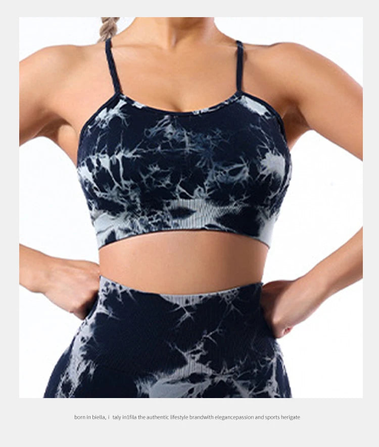 Colete feminino  com estampa tie-dye e alças sem costura, ideal para ioga, academia, esportes e corrida.
