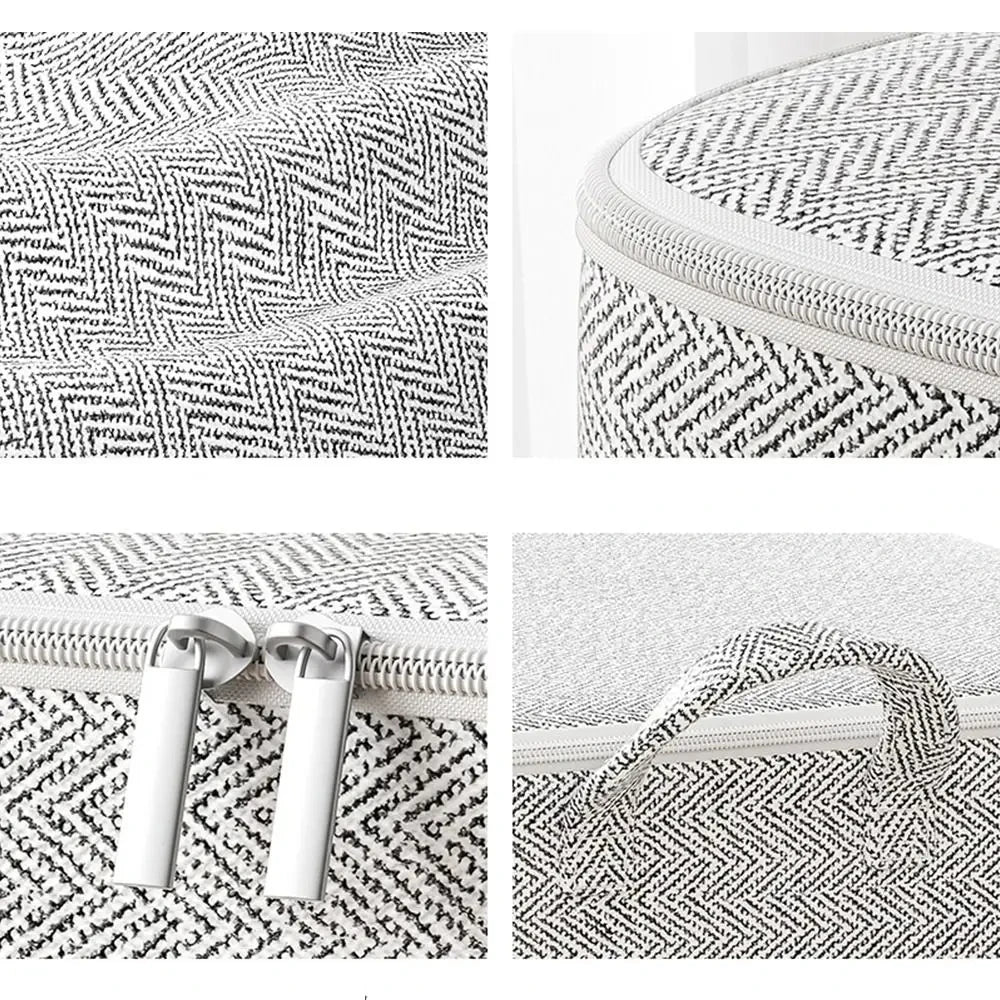 Saco de armazenamento para edredons em tecido com tampa e zíper, dobrável, para roupas e cobertores.