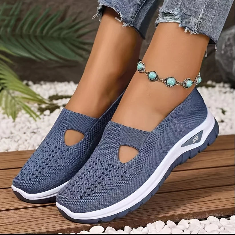 Sapatos femininos, tênis esportivos casuais, tênis esportivos leves, respiráveis e de cor sólida com sola macia para caminhada, tênis casuais de cano baixo em malha.