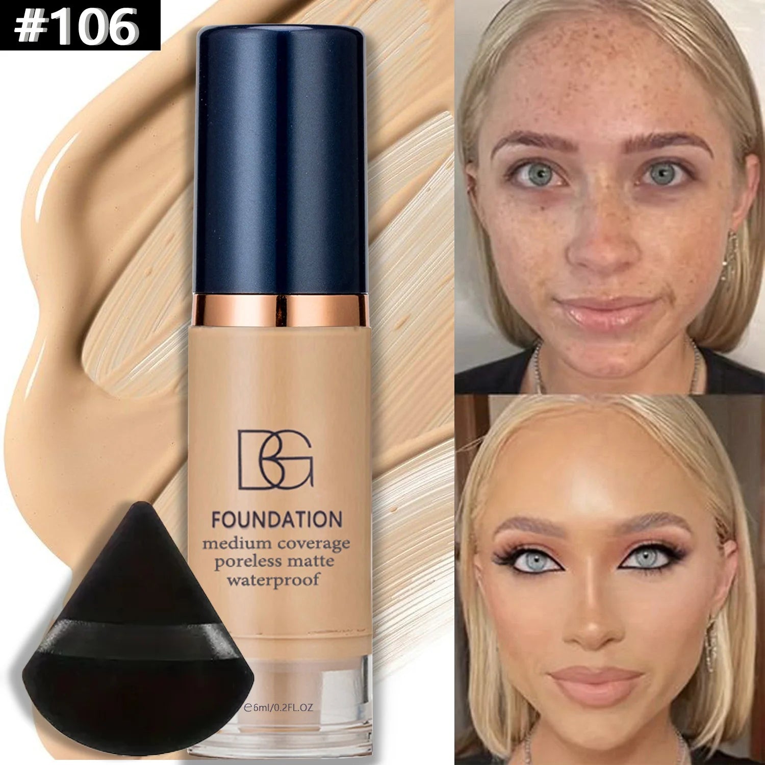 Kit com 2 bases líquidas à prova d'água de alta cobertura e esponja de pó triangular preta - Acabamento matte de longa duração para cobertura de olheiras e imperfeições.
